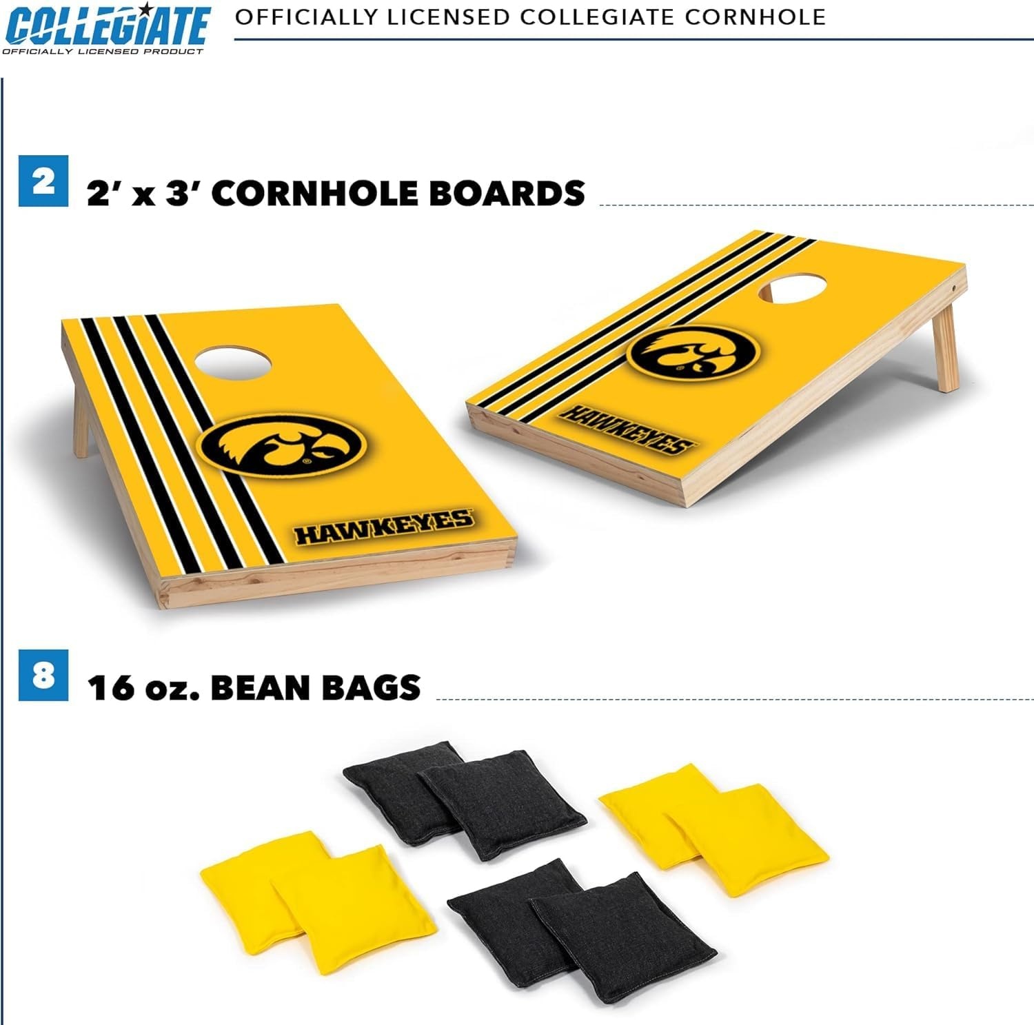 2′ x 3′ Solid Wood Cornhole Set with Direct Print HD Team Graphics – Great Gift for Any NCAA Fan  Bean Bag Toss Family Outdoor Games(Iowa Hawkeyes)