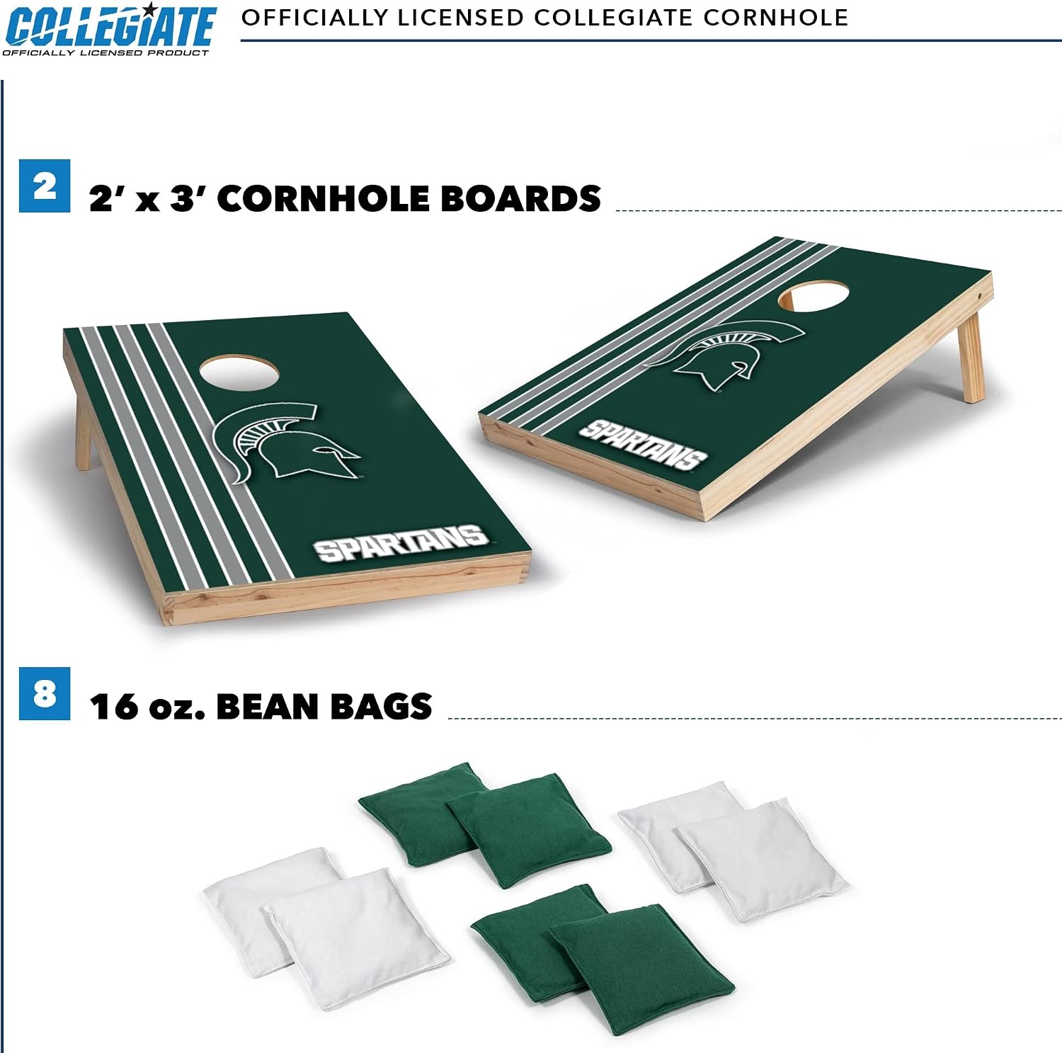 2′ x 3′ Solid Wood Cornhole Set with Direct Print HD Team Graphics – Great Gift for Any NCAA Fan  Bean Bag Toss Family Outdoor Games(Michigan State Spartans)