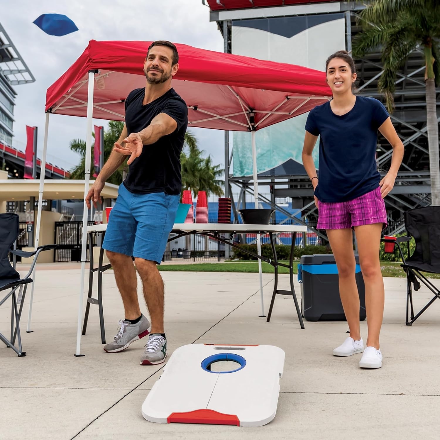 Wild Sports NCAA Pro Football All-Weather Cornhole Set – Travel Bean Bag Toss Set Includes 8 Bean Bags(Ohio State Buckeyes)