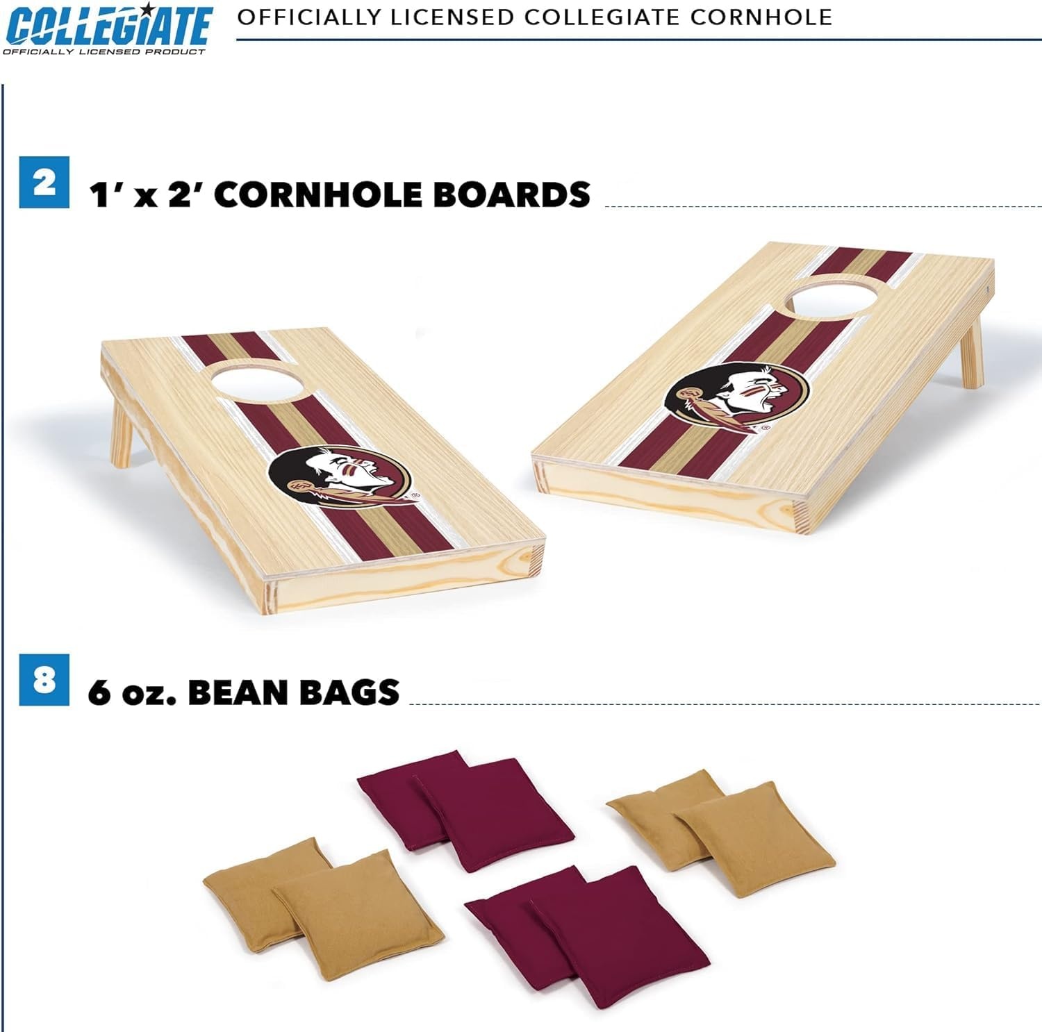 Wild Sports College Portable Size 1′ x 2′ Solid Wood Cornhole Set with Direct Print HD Team Graphics – Travel Size(Florida State Seminoles)