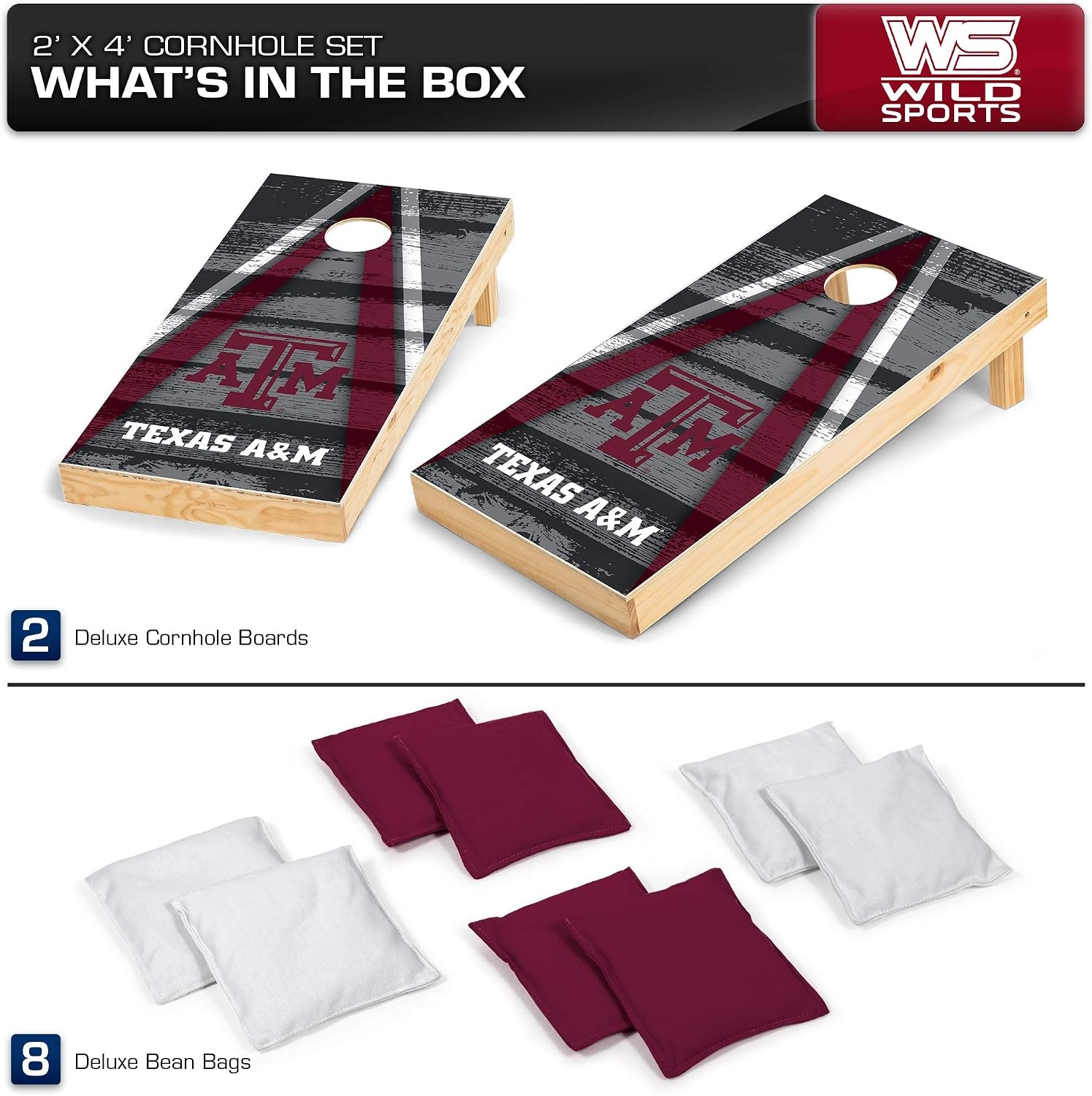 NCAA College 2′ x 4′ Wood Direct Print Tournament Cornhole Set by Wild Sports, 8 Bean Bags, Vintage Triange Design – Tailgate, Outdoor, Backyard(Texas A&M Aggies)