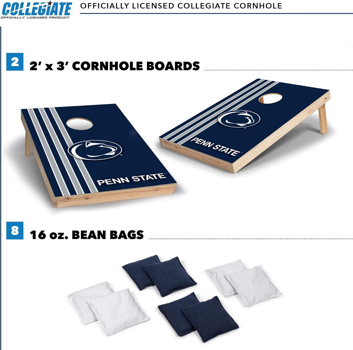 2′ x 3′ Solid Wood Cornhole Set with Direct Print HD Team Graphics – Great Gift for Any NCAA Fan  Bean Bag Toss Family Outdoor Games(Penn State Nittany Lions)