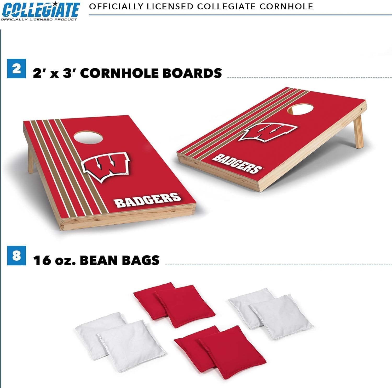 2′ x 3′ Solid Wood Cornhole Set with Direct Print HD Team Graphics – Great Gift for Any NCAA Fan  Bean Bag Toss Family Outdoor Games(Wisconsin Badgers)