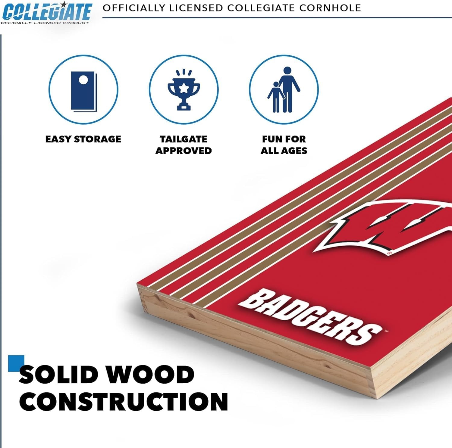 2′ x 3′ Solid Wood Cornhole Set with Direct Print HD Team Graphics – Great Gift for Any NCAA Fan  Bean Bag Toss Family Outdoor Games(Wisconsin Badgers)