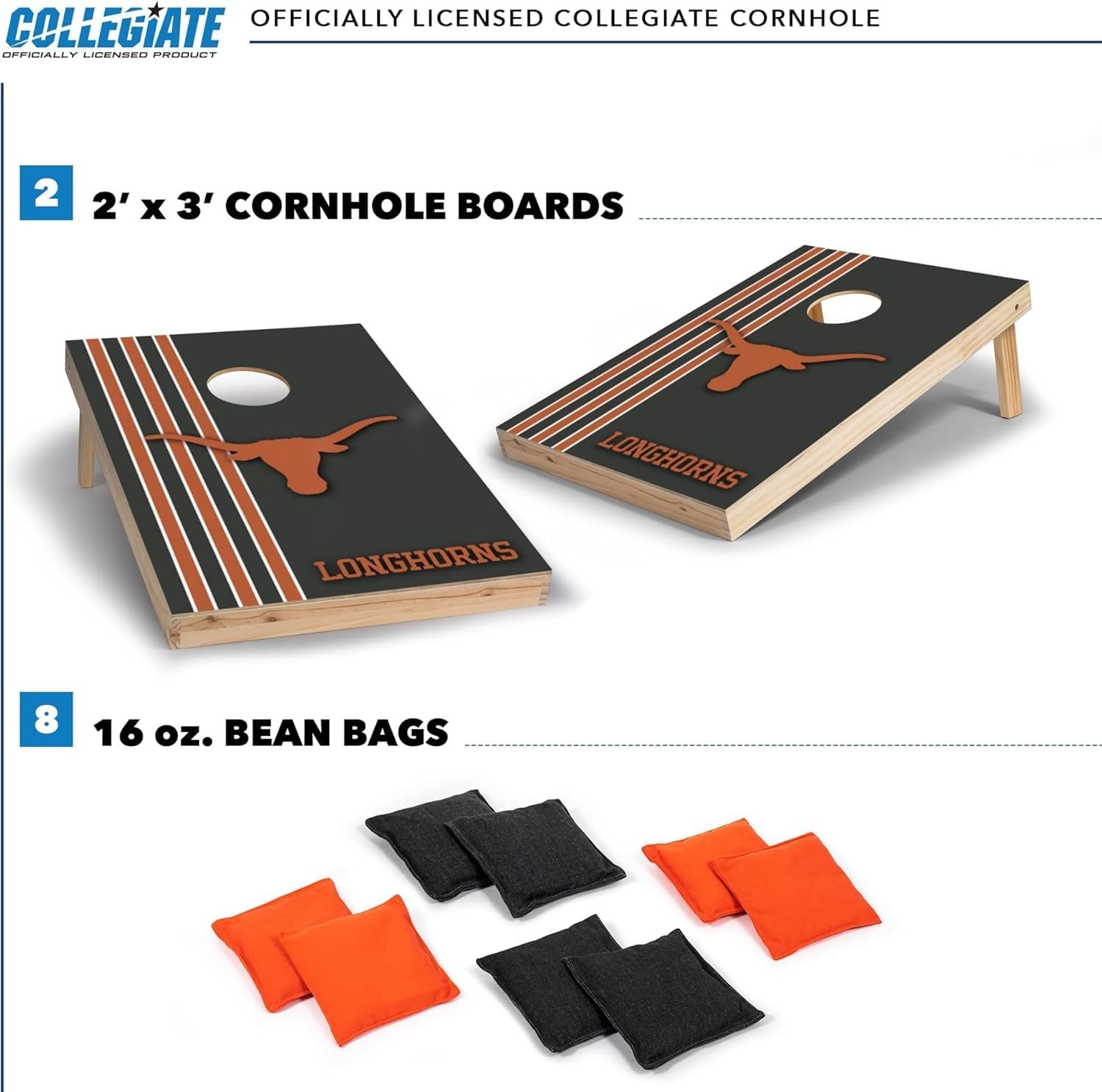 2′ x 3′ Solid Wood Cornhole Set with Direct Print HD Team Graphics – Great Gift for Any NCAA Fan  Bean Bag Toss Family Outdoor Games(Texas Longhorns)