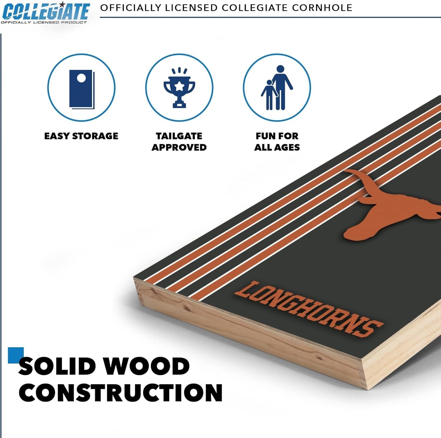 2′ x 3′ Solid Wood Cornhole Set with Direct Print HD Team Graphics – Great Gift for Any NCAA Fan  Bean Bag Toss Family Outdoor Games(Texas Longhorns)