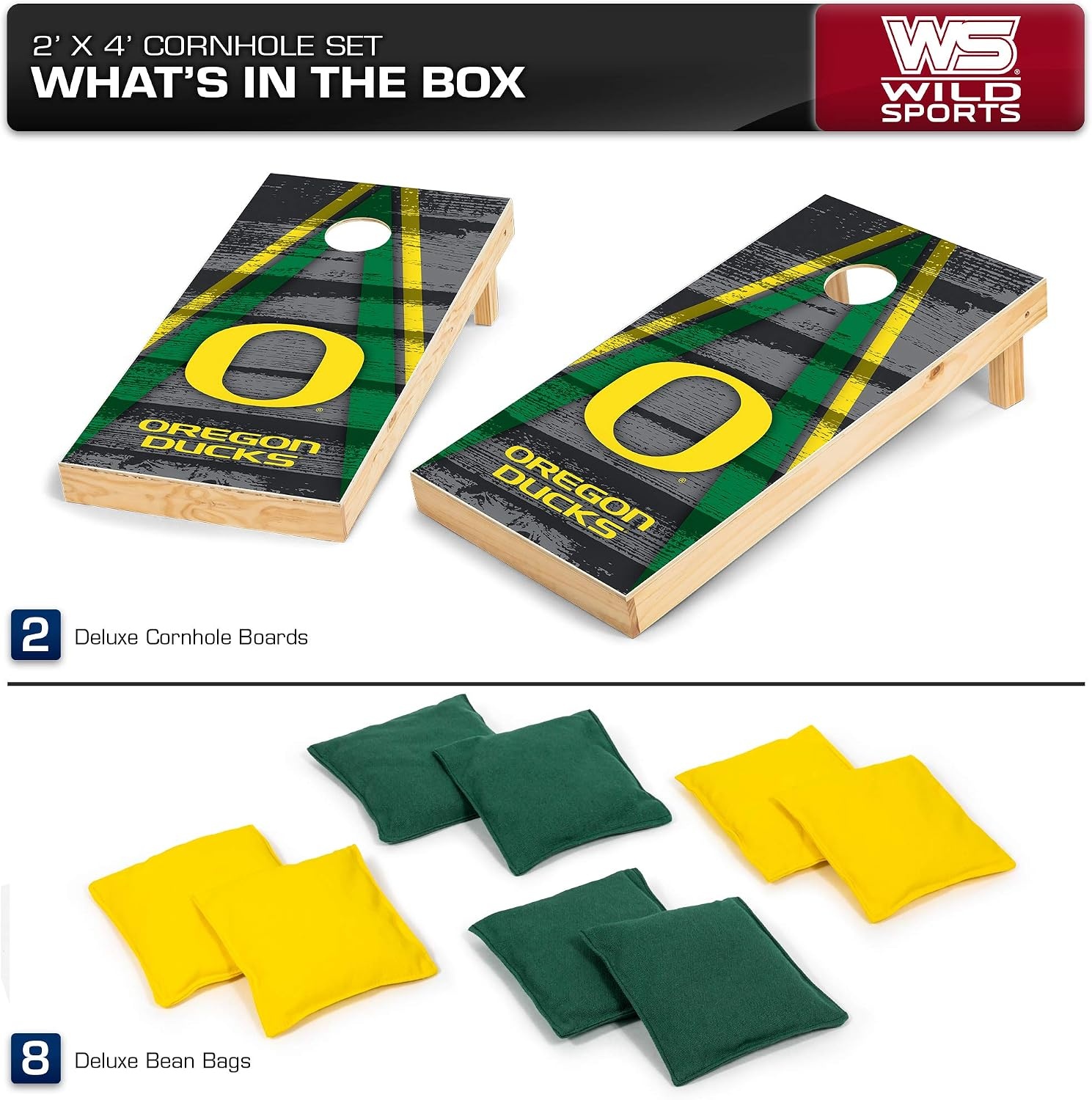 NCAA College 2′ x 4′ Wood Direct Print Tournament Cornhole Set by Wild Sports, 8 Bean Bags, Vintage Triange Design – Tailgate, Outdoor, Backyard(Oregon Ducks)