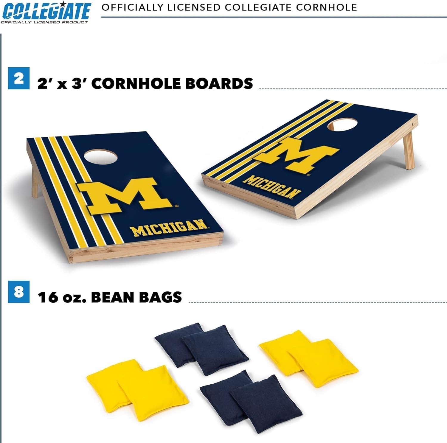 2′ x 3′ Solid Wood Cornhole Set with Direct Print HD Team Graphics – Great Gift for Any NCAA Fan  Bean Bag Toss Family Outdoor Games(Michigan Wolverines)