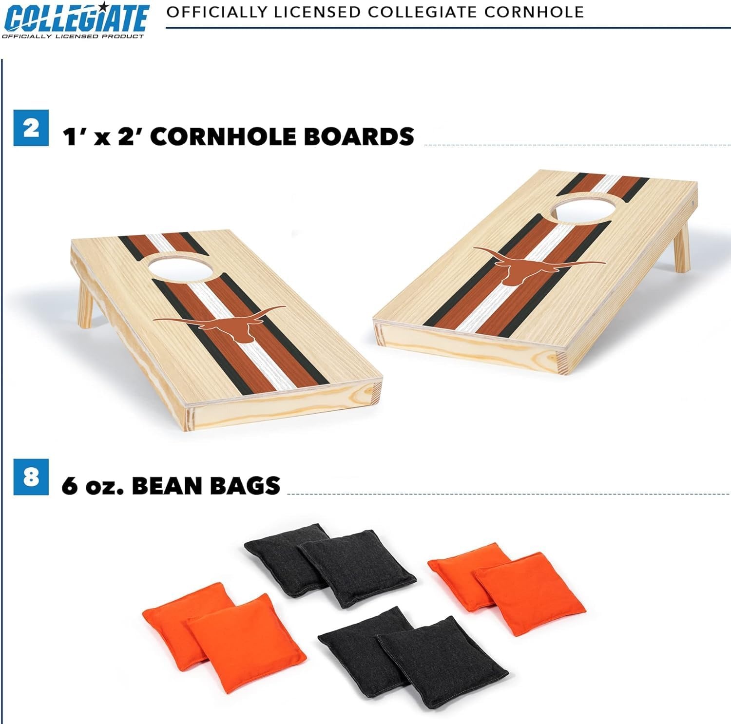 Wild Sports College Portable Size 1′ x 2′ Solid Wood Cornhole Set with Direct Print HD Team Graphics – Travel Size(Texas Longhorns)