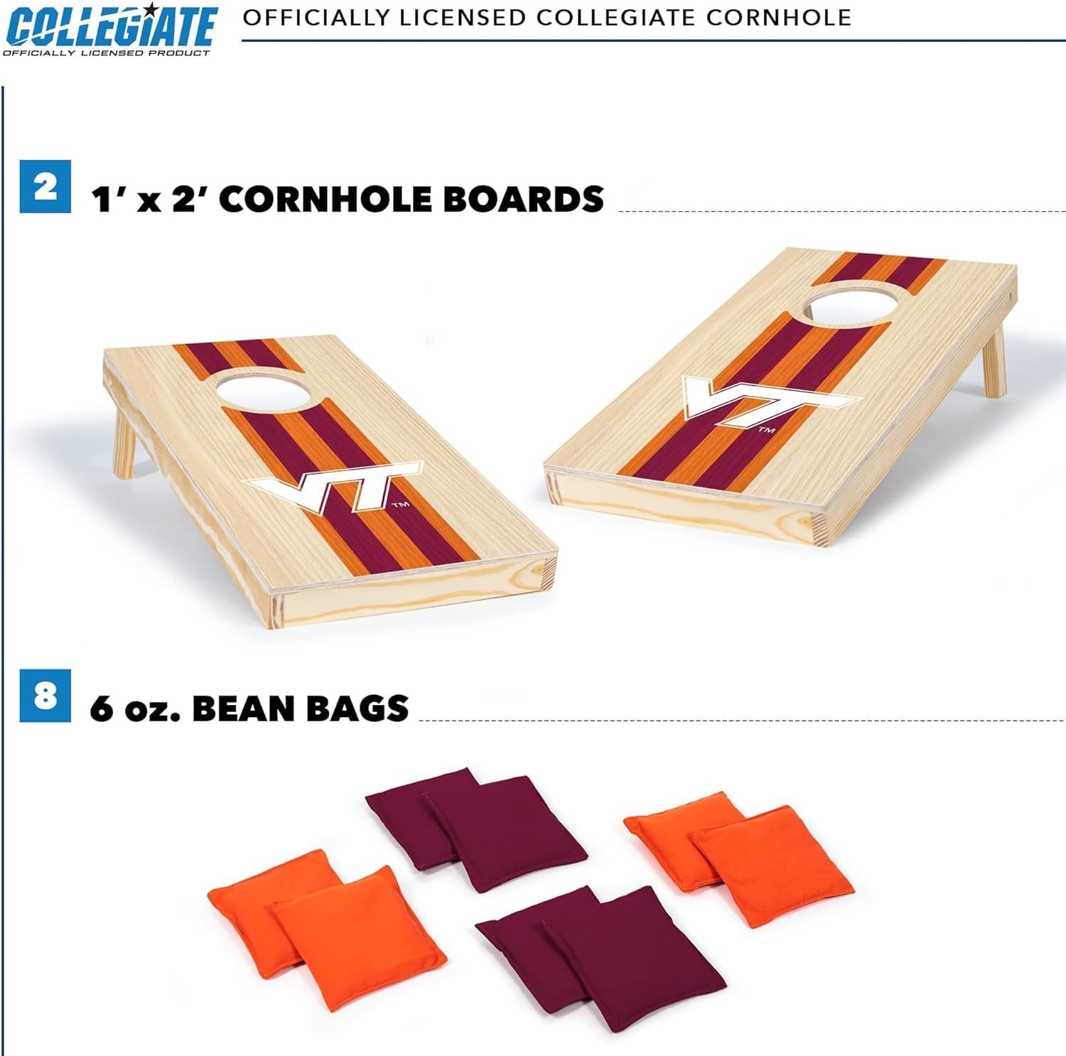 Wild Sports College Portable Size 1′ x 2′ Solid Wood Cornhole Set with Direct Print HD Team Graphics – Travel Size(Virginia Tech Hokies)