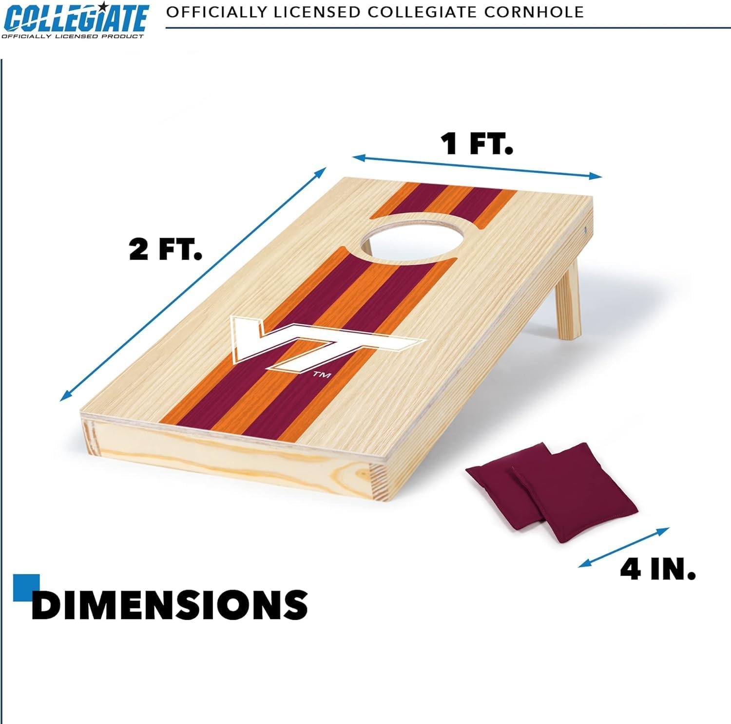 Wild Sports College Portable Size 1′ x 2′ Solid Wood Cornhole Set with Direct Print HD Team Graphics – Travel Size(Virginia Tech Hokies)