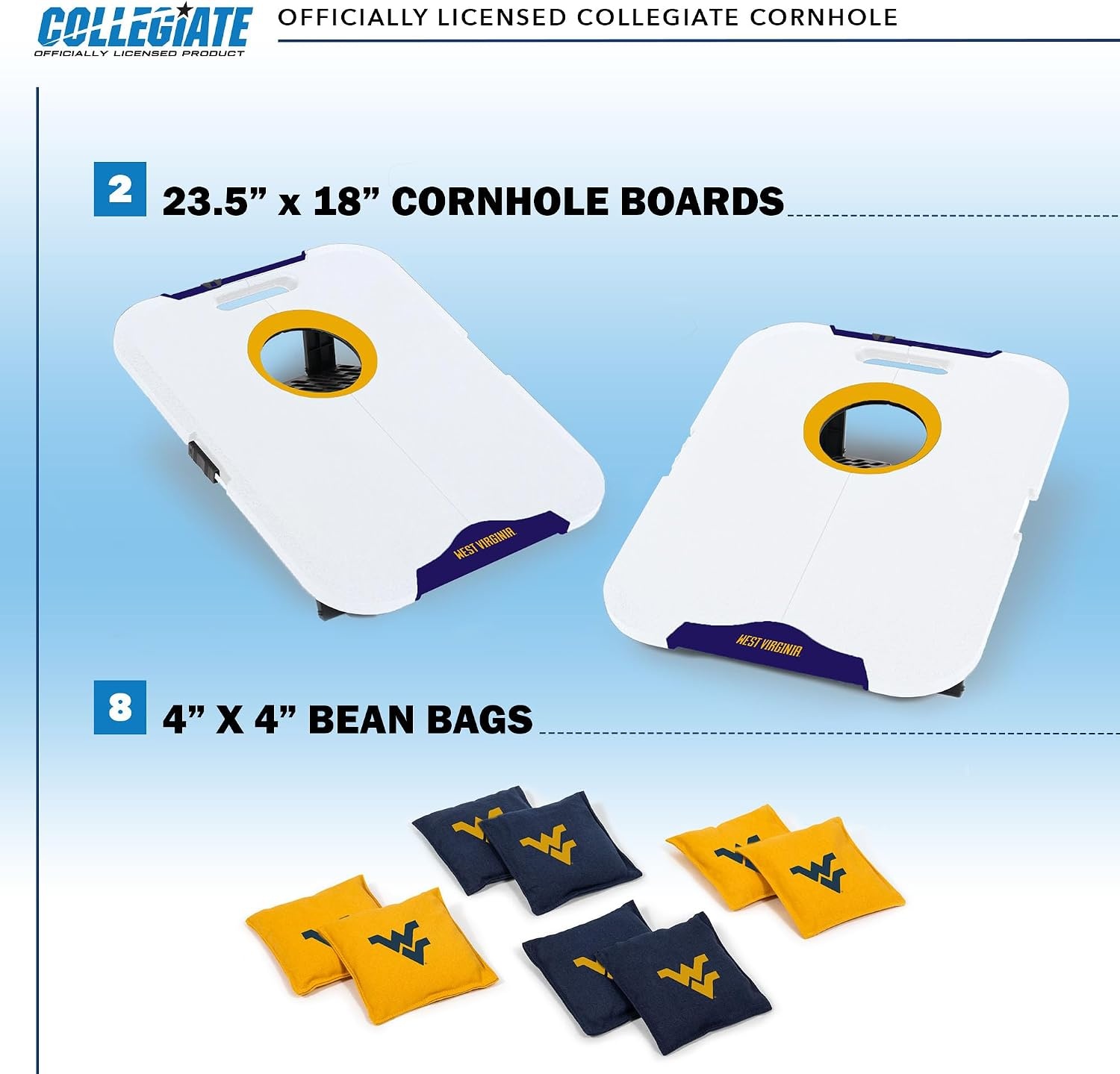Wild Sports NCAA Pro Football All-Weather Cornhole Set – Travel Bean Bag Toss Set Includes 8 Bean Bags(West Virginia Mountaineers)