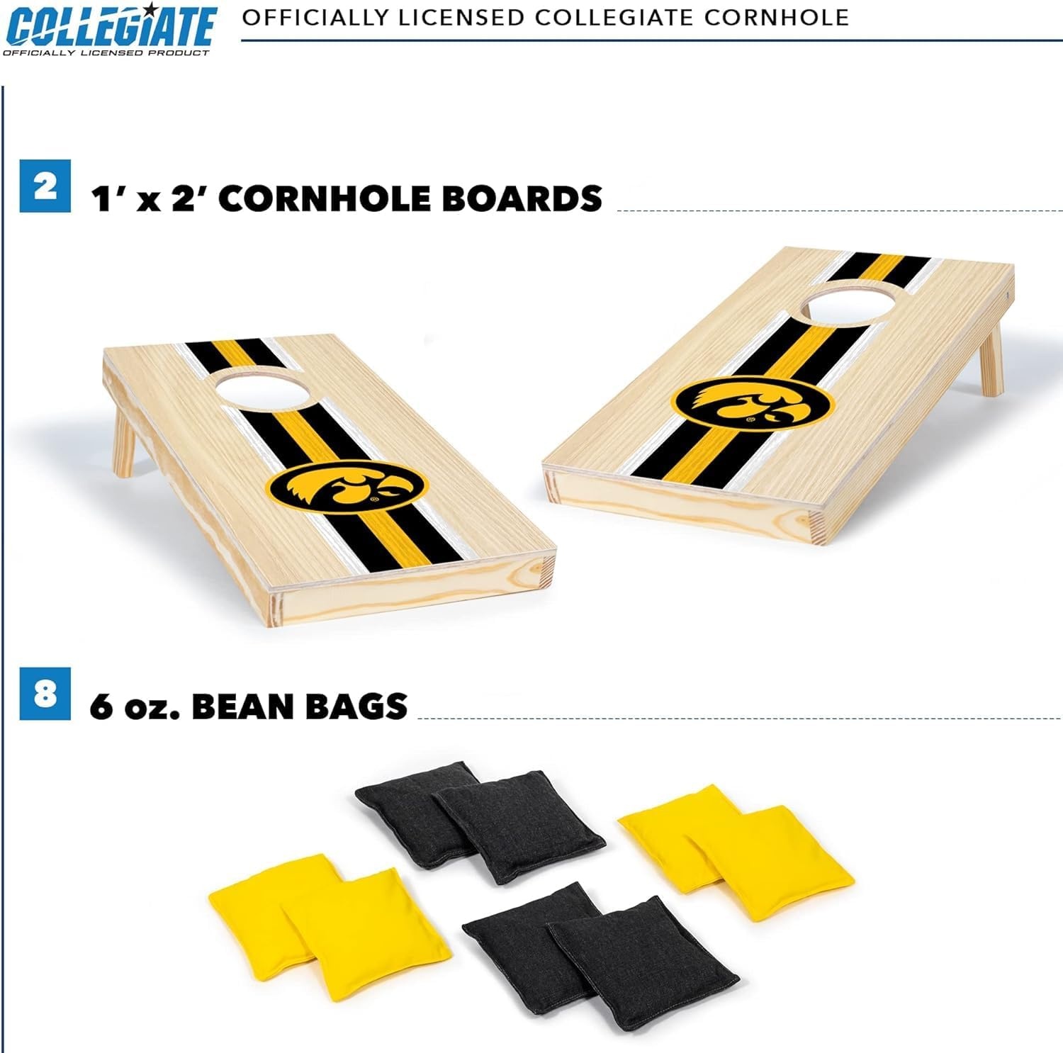 Wild Sports College Portable Size 1′ x 2′ Solid Wood Cornhole Set with Direct Print HD Team Graphics – Travel Size(Iowa Hawkeyes)