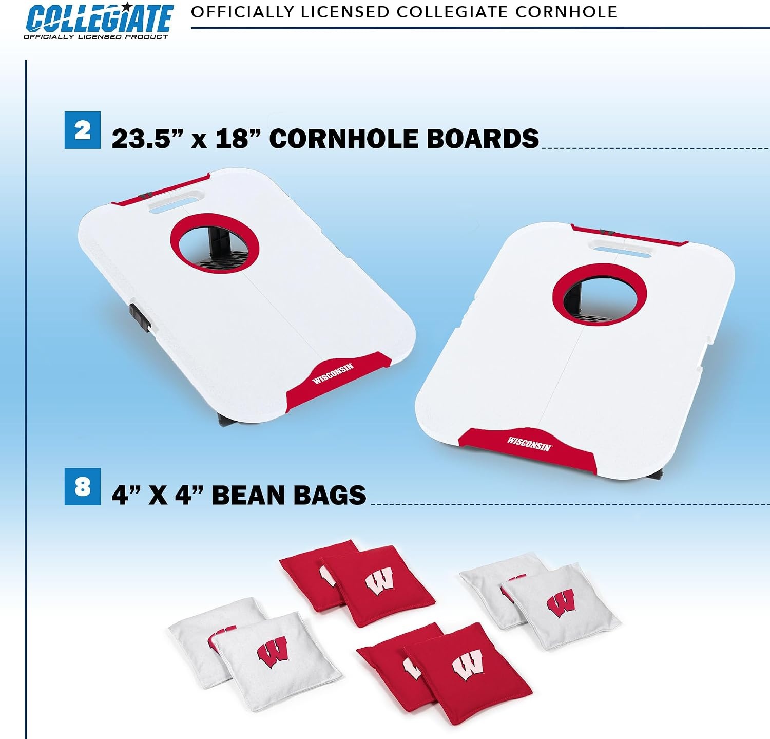 Wild Sports NCAA Pro Football All-Weather Cornhole Set – Travel Bean Bag Toss Set Includes 8 Bean Bags(Wisconsin Badgers)