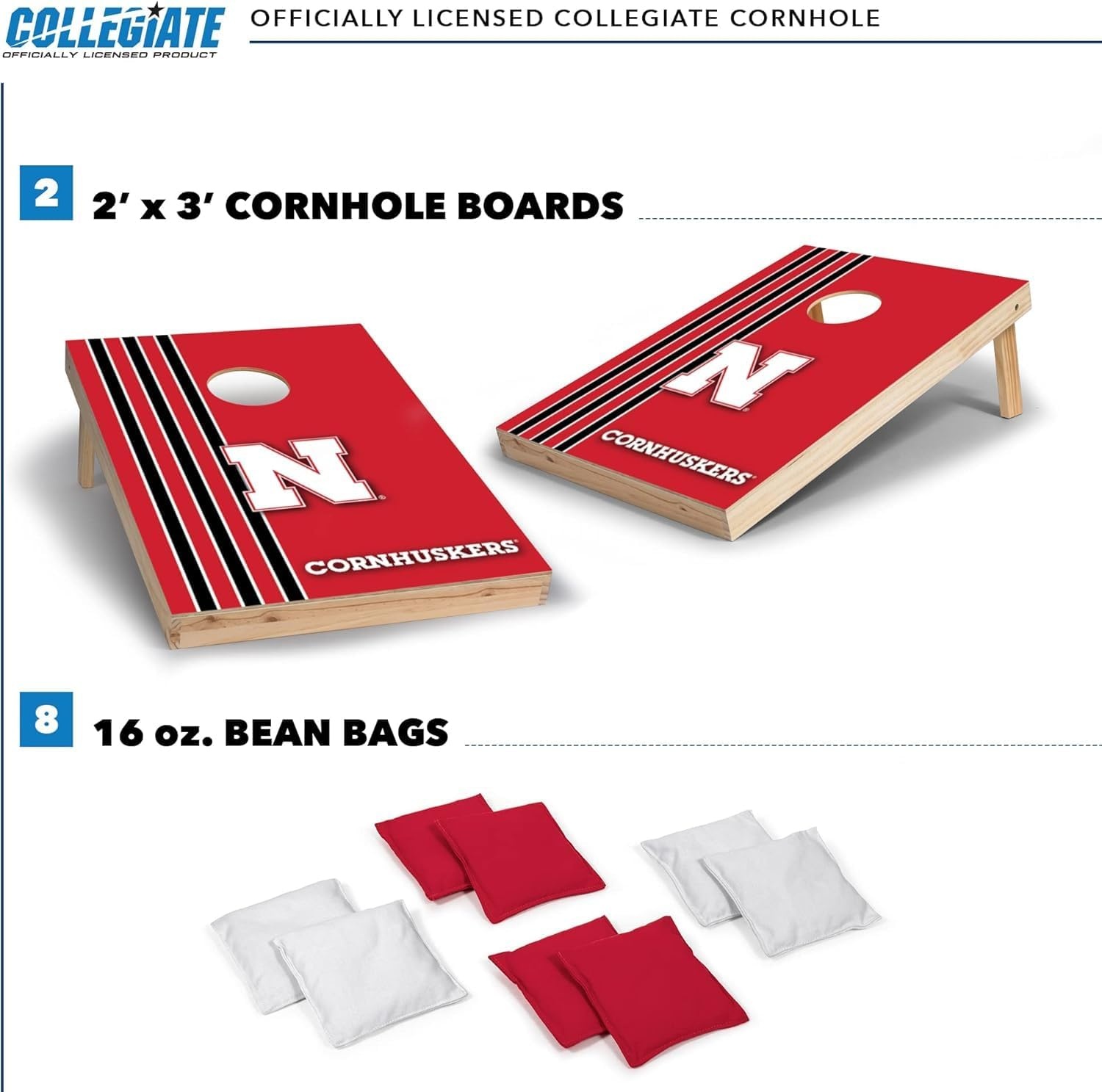 2′ x 3′ Solid Wood Cornhole Set with Direct Print HD Team Graphics – Great Gift for Any NCAA Fan  Bean Bag Toss Family Outdoor Games(Nebraska Cornhuskers)