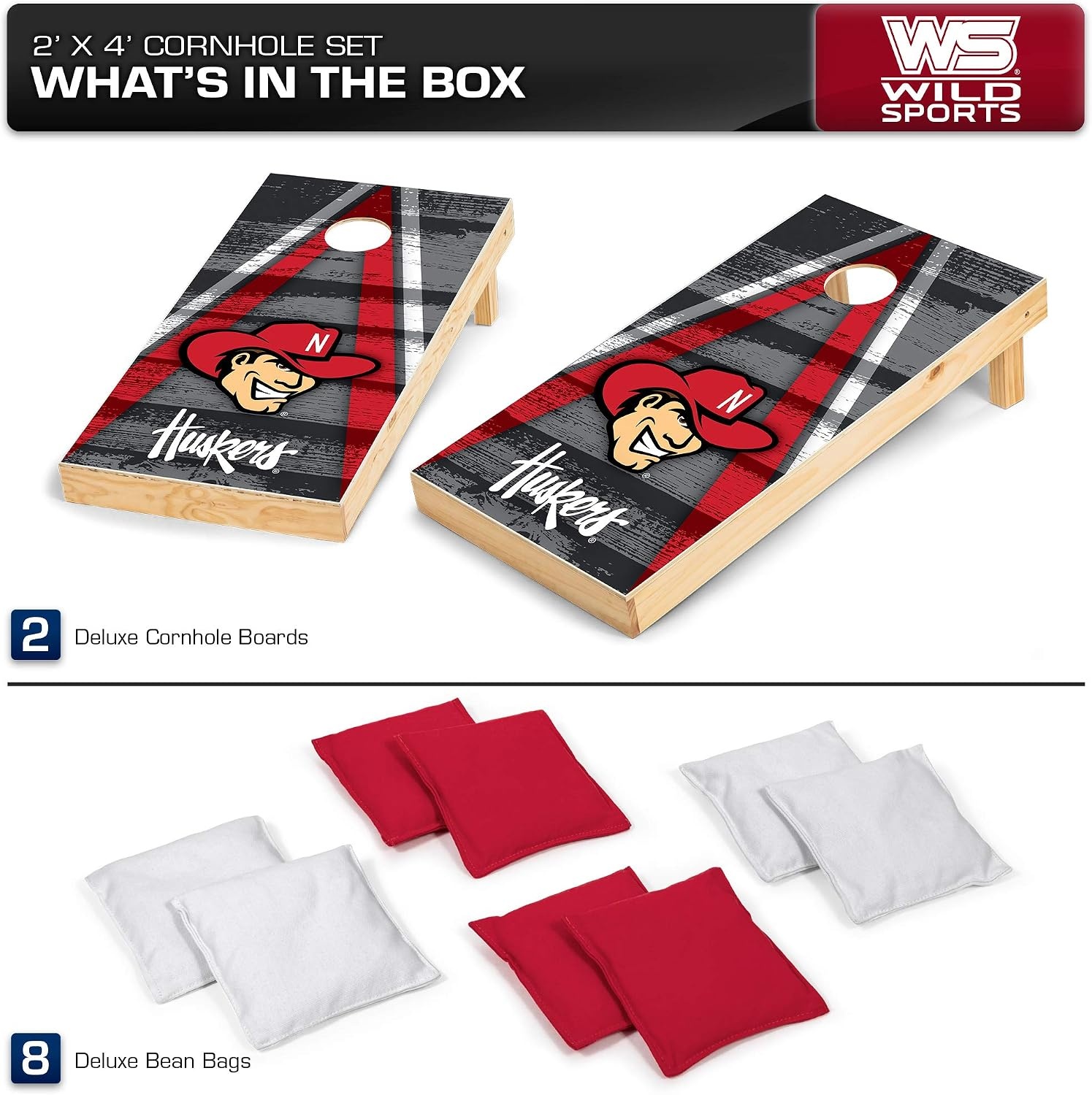 NCAA College 2′ x 4′ Wood Direct Print Tournament Cornhole Set by Wild Sports, 8 Bean Bags, Vintage Triange Design – Tailgate, Outdoor, Backyard(Nebraska Cornhuskers)