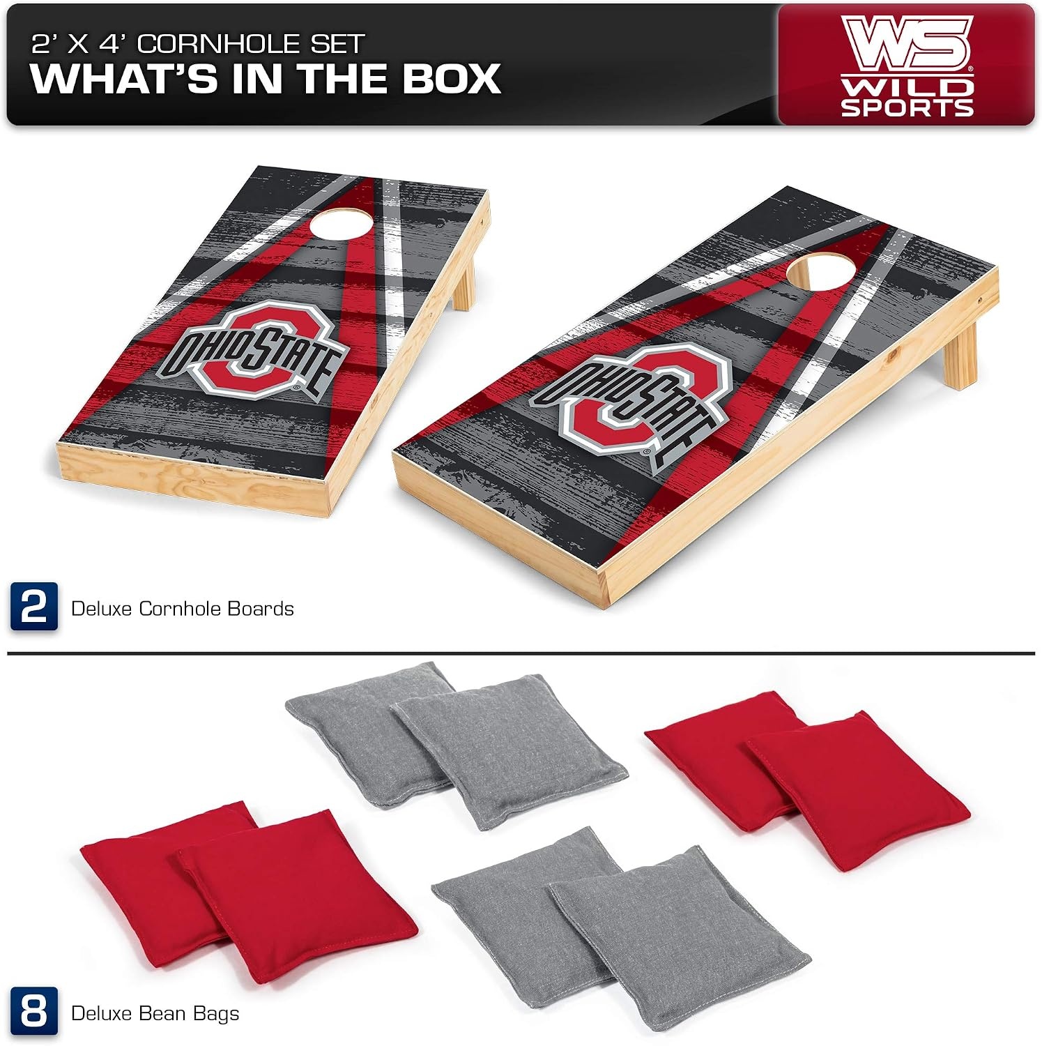 NCAA College 2′ x 4′ Wood Direct Print Tournament Cornhole Set by Wild Sports, 8 Bean Bags, Vintage Triange Design – Tailgate, Outdoor, Backyard(Ohio State Buckeyes)