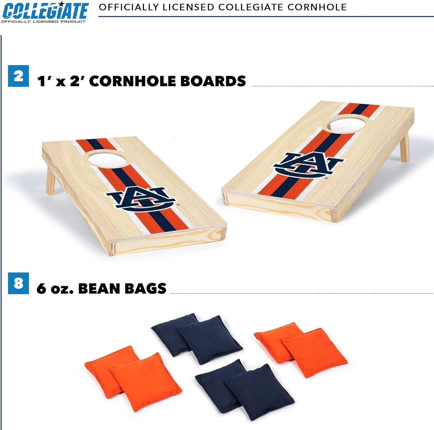 Wild Sports College Portable Size 1′ x 2′ Solid Wood Cornhole Set with Direct Print HD Team Graphics – Travel Size(Auburn Tigers)