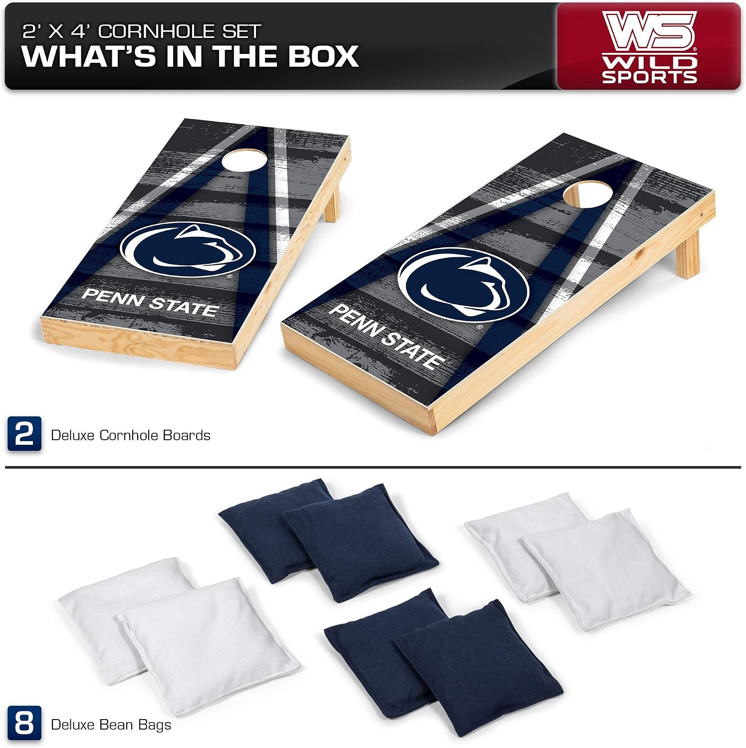 NCAA College 2′ x 4′ Wood Direct Print Tournament Cornhole Set by Wild Sports, 8 Bean Bags, Vintage Triange Design – Tailgate, Outdoor, Backyard(Penn State Nittany Lions)