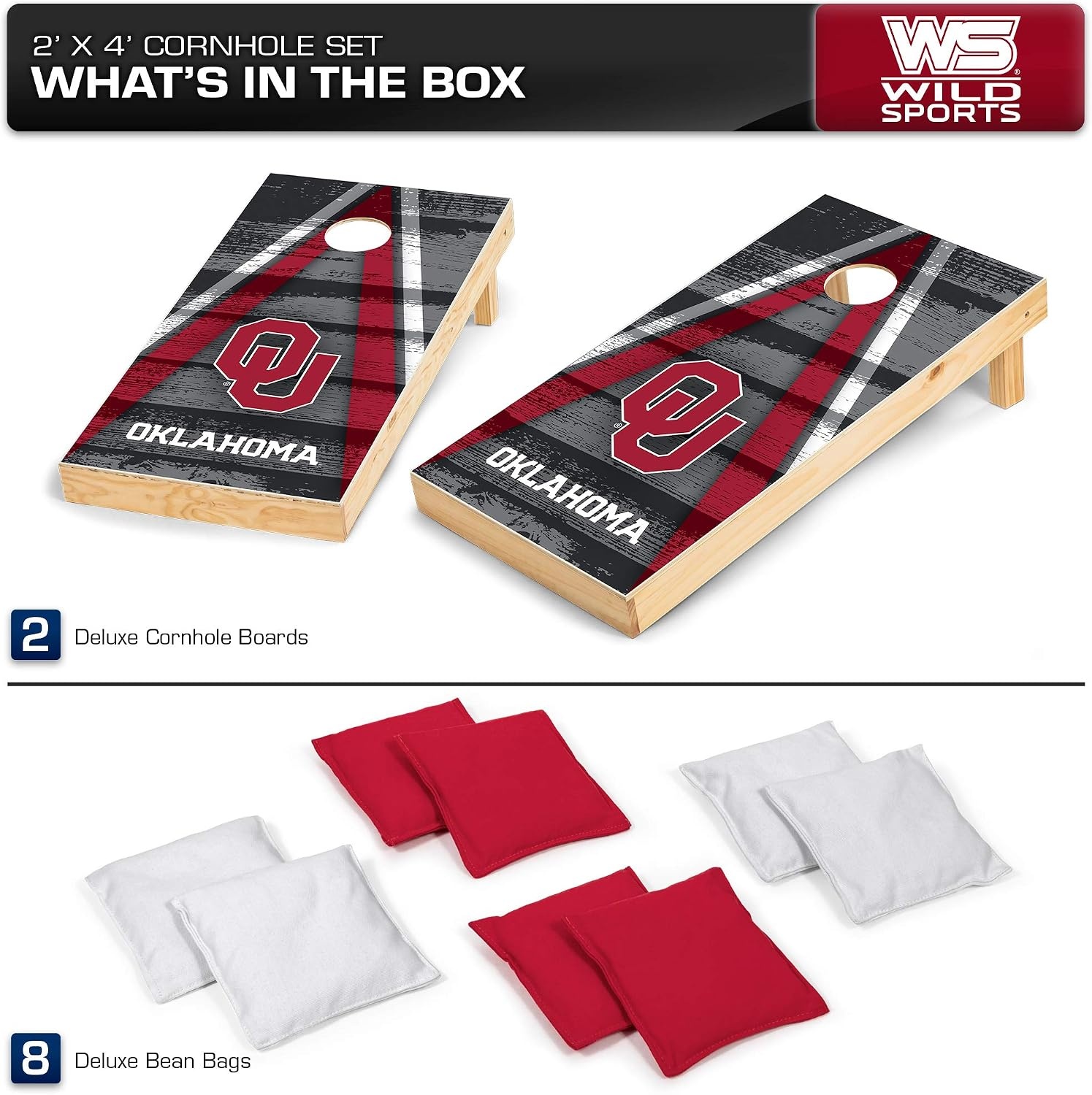 NCAA College 2′ x 4′ Wood Direct Print Tournament Cornhole Set by Wild Sports, 8 Bean Bags, Vintage Triange Design – Tailgate, Outdoor, Backyard(Oklahoma Sooners)