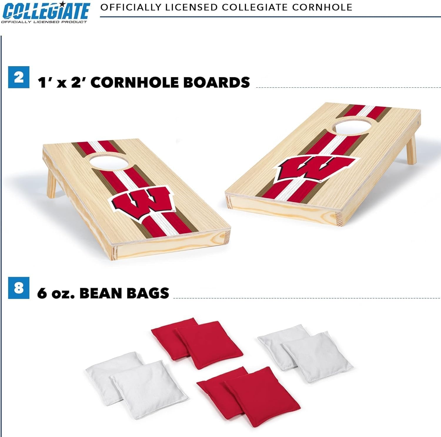 Wild Sports College Portable Size 1′ x 2′ Solid Wood Cornhole Set with Direct Print HD Team Graphics – Travel Size(Wisconsin Badgers)