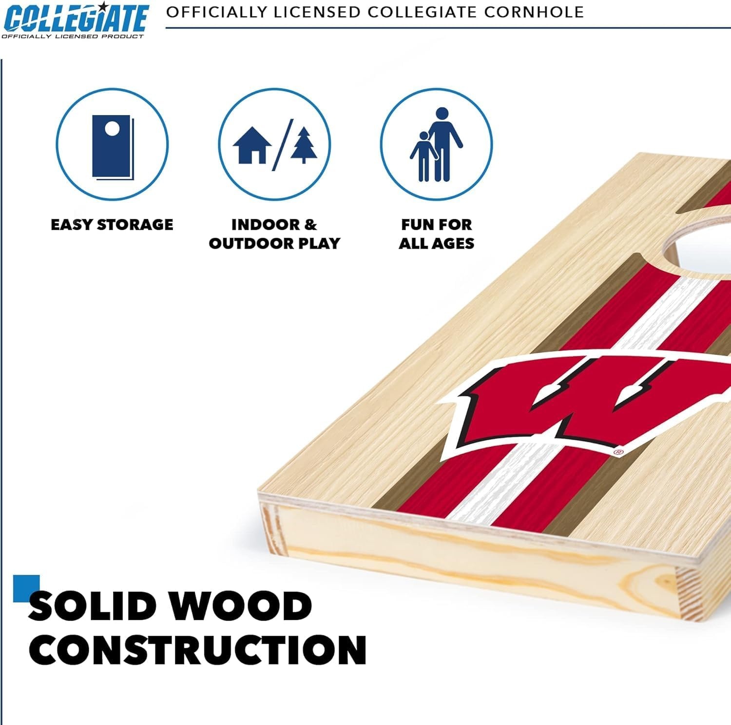 Wild Sports College Portable Size 1′ x 2′ Solid Wood Cornhole Set with Direct Print HD Team Graphics – Travel Size(Wisconsin Badgers)