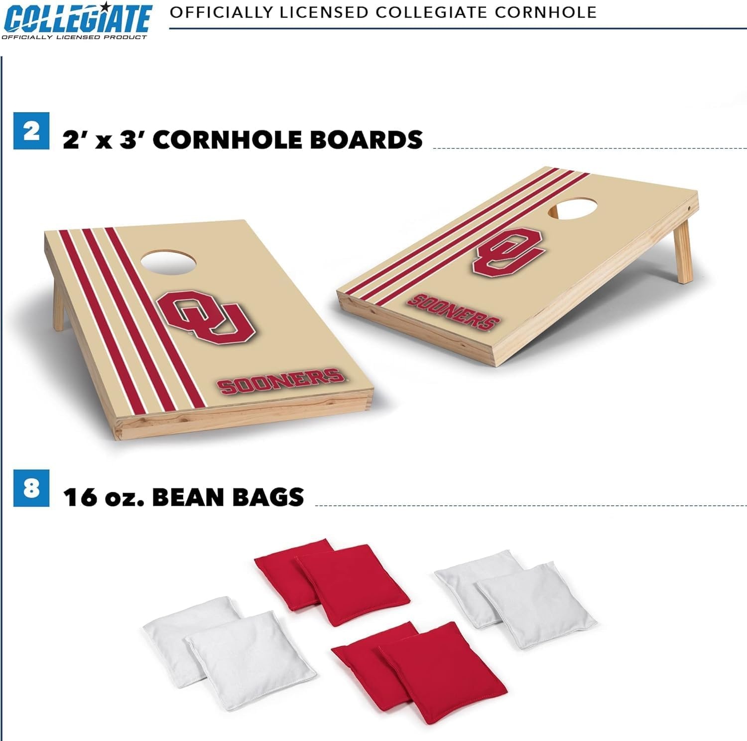 2′ x 3′ Solid Wood Cornhole Set with Direct Print HD Team Graphics – Great Gift for Any NCAA Fan  Bean Bag Toss Family Outdoor Games(Oklahoma Sooners)