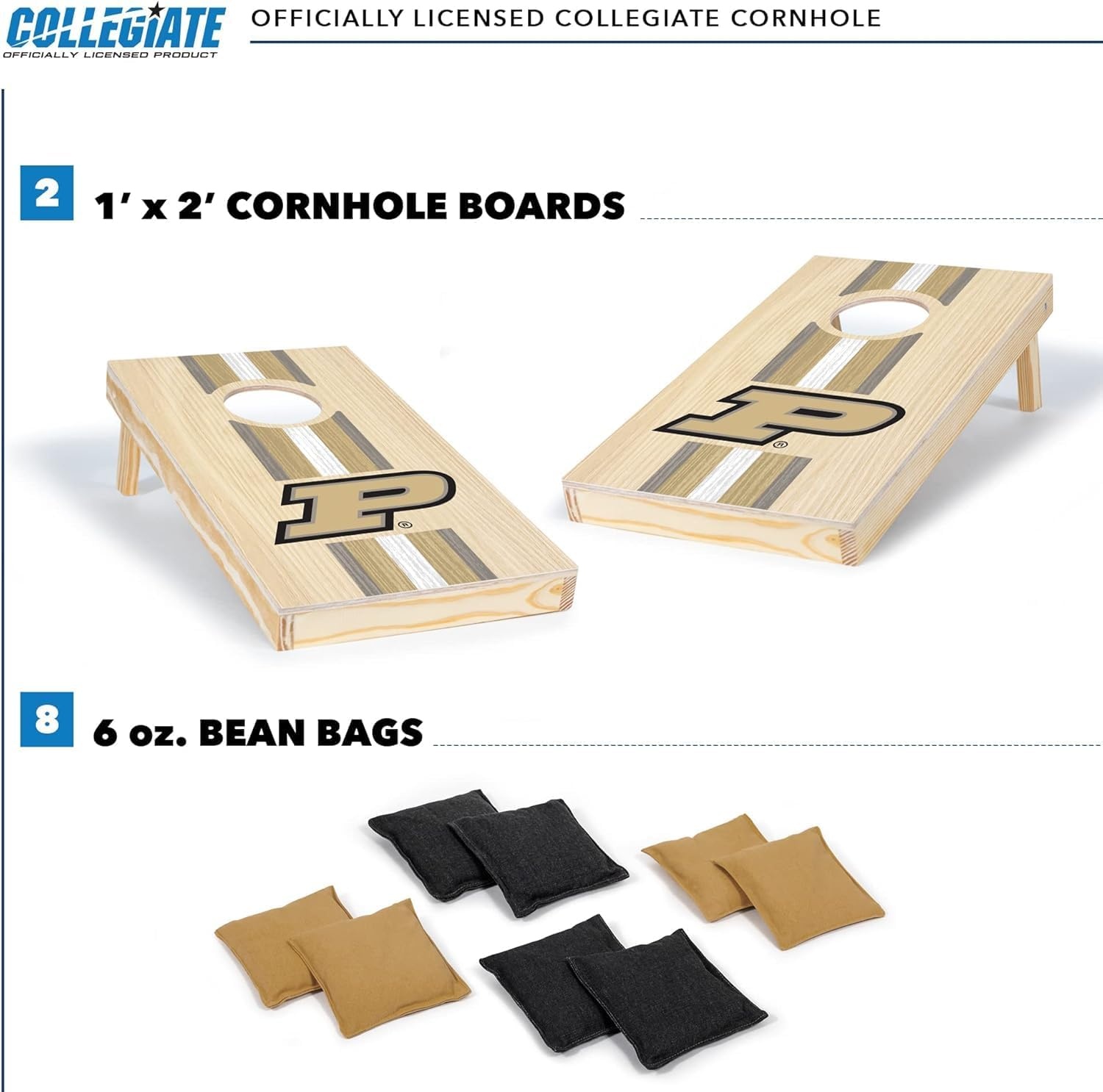 Wild Sports College Portable Size 1′ x 2′ Solid Wood Cornhole Set with Direct Print HD Team Graphics – Travel Size(Purdue Boilermakers)
