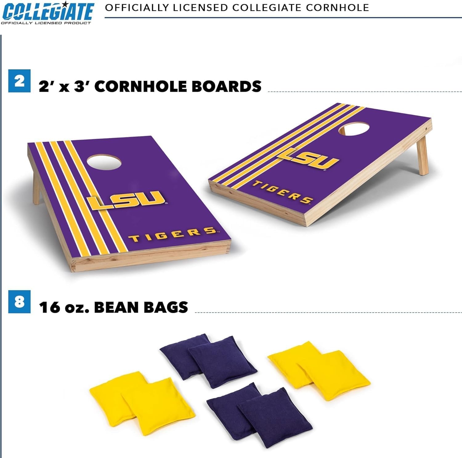 2′ x 3′ Solid Wood Cornhole Set with Direct Print HD Team Graphics – Great Gift for Any NCAA Fan  Bean Bag Toss Family Outdoor Games(LSU Tigers)