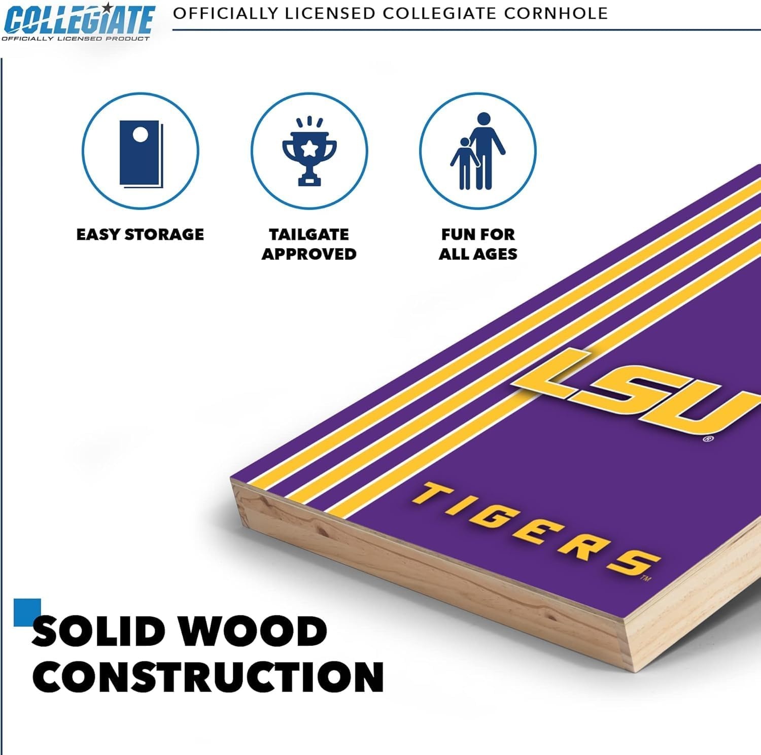 2′ x 3′ Solid Wood Cornhole Set with Direct Print HD Team Graphics – Great Gift for Any NCAA Fan  Bean Bag Toss Family Outdoor Games(LSU Tigers)