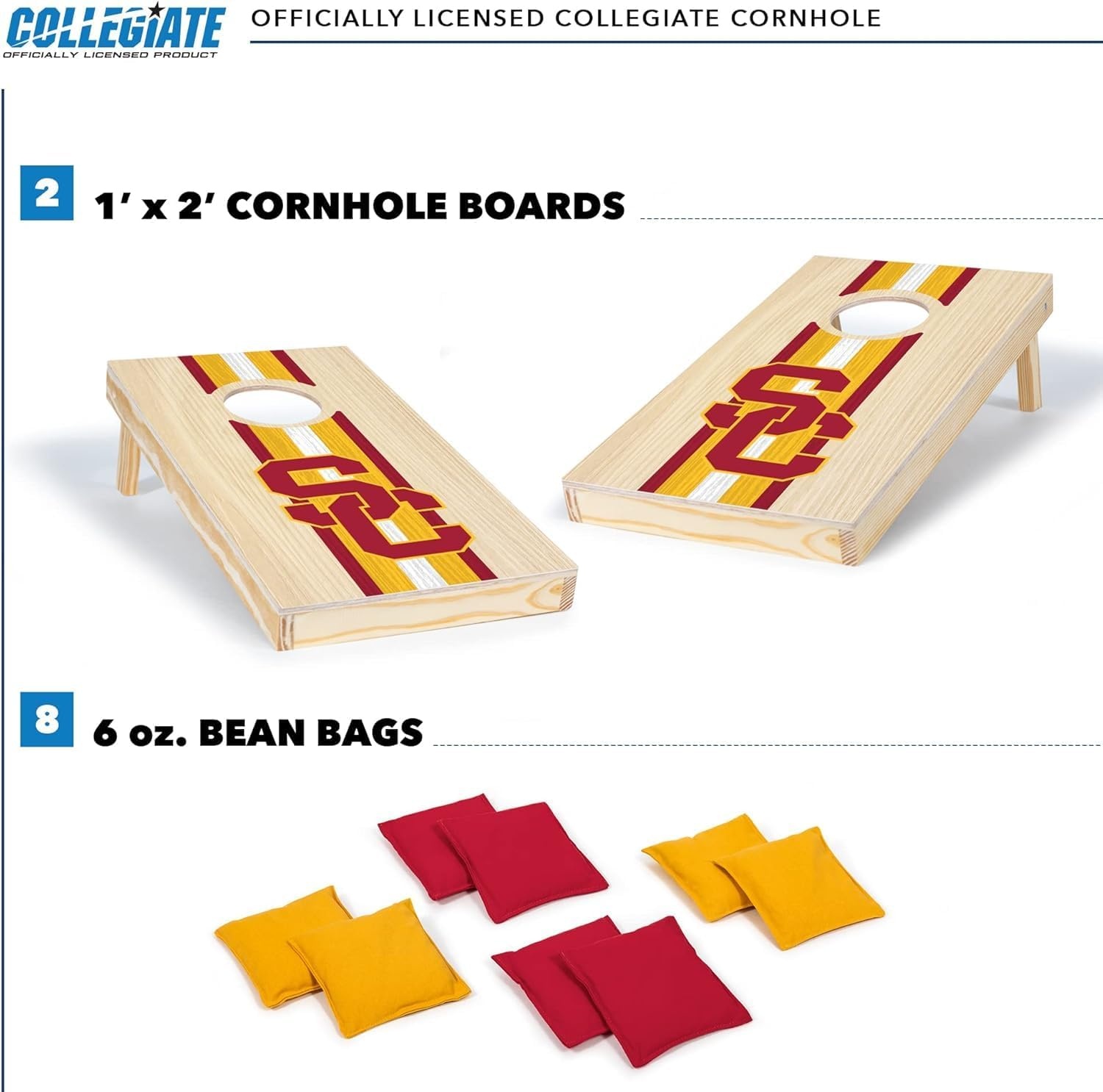 Wild Sports College Portable Size 1′ x 2′ Solid Wood Cornhole Set with Direct Print HD Team Graphics – Travel Size(USC Trojans)