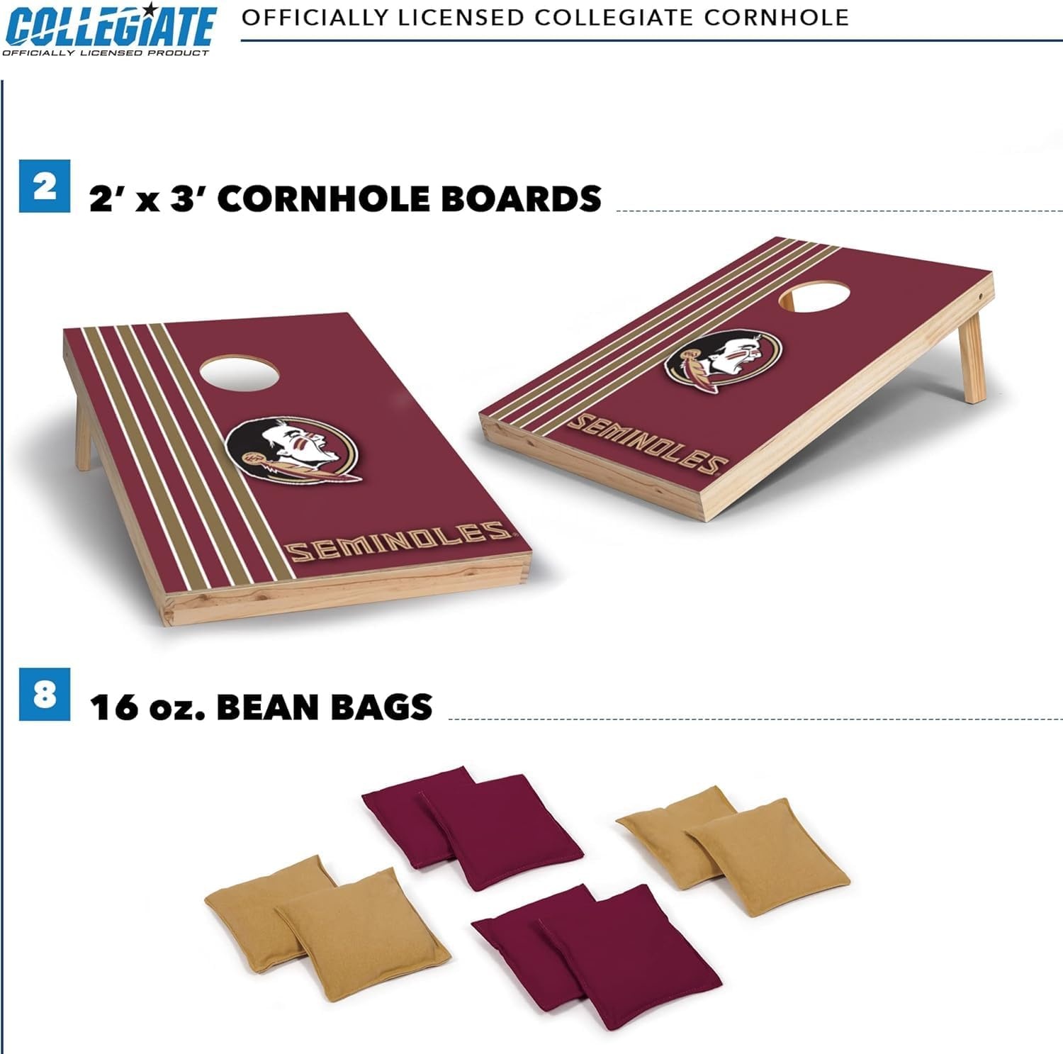 2′ x 3′ Solid Wood Cornhole Set with Direct Print HD Team Graphics – Great Gift for Any NCAA Fan  Bean Bag Toss Family Outdoor Games(Florida State Seminoles)