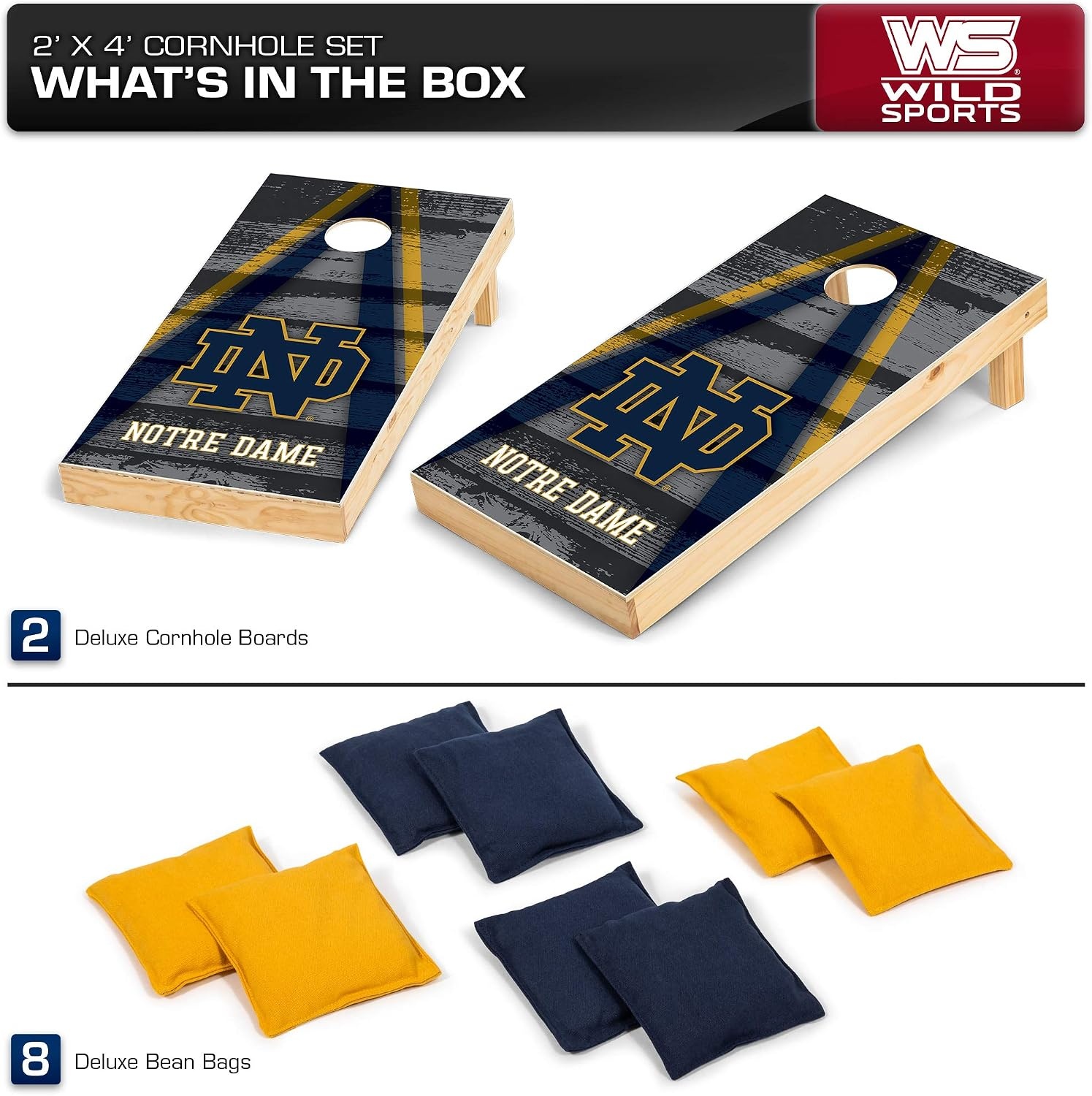 NCAA College 2′ x 4′ Wood Direct Print Tournament Cornhole Set by Wild Sports, 8 Bean Bags, Vintage Triange Design – Tailgate, Outdoor, Backyard(Notre Dame Fighting Irish)