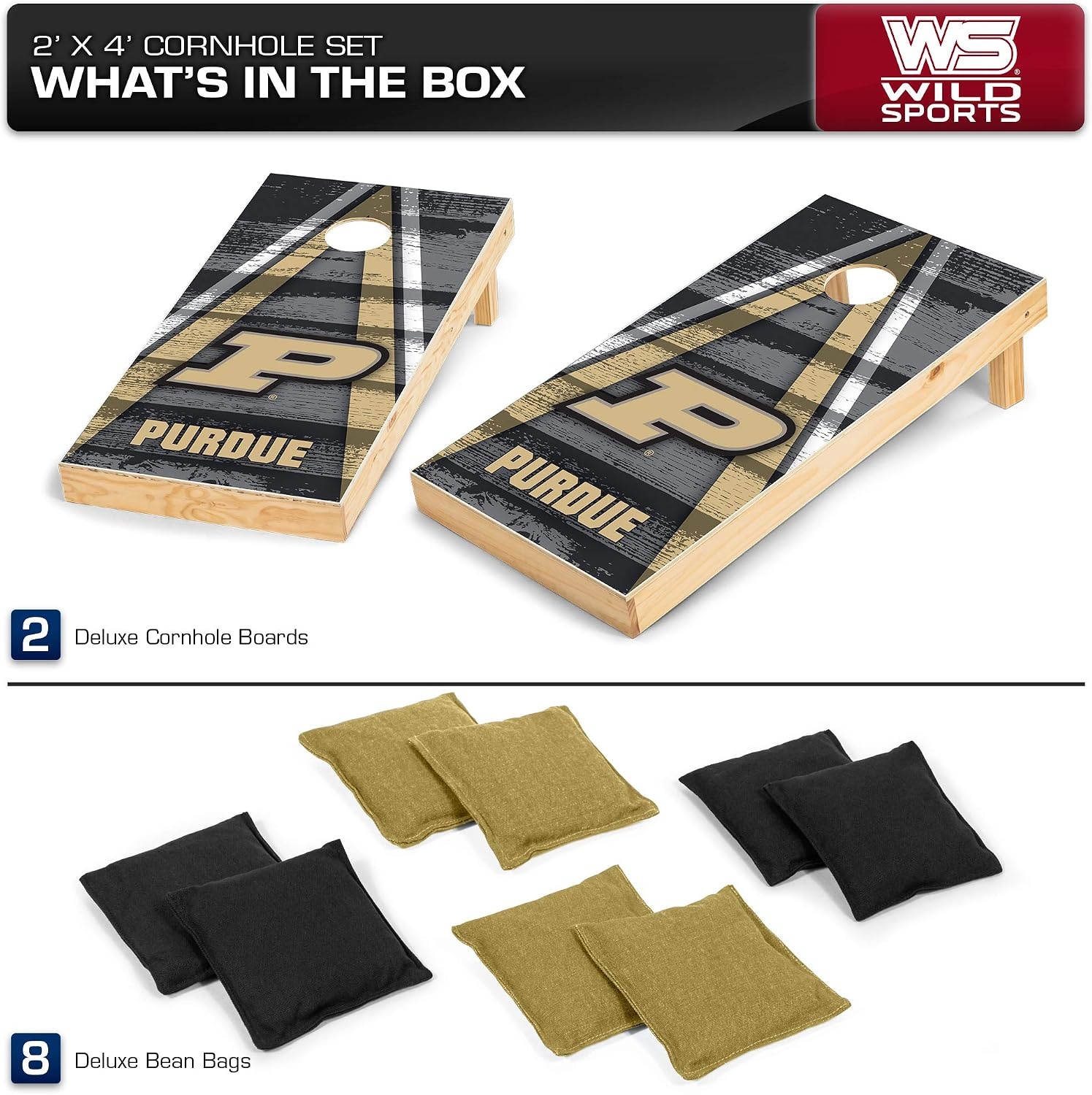 NCAA College 2′ x 4′ Wood Direct Print Tournament Cornhole Set by Wild Sports, 8 Bean Bags, Vintage Triange Design – Tailgate, Outdoor, Backyard(Purdue Boilermakers)