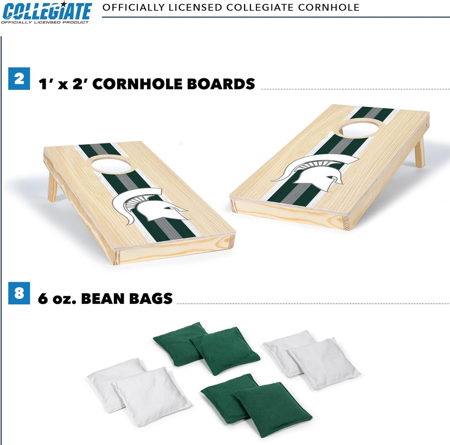 Wild Sports College Portable Size 1′ x 2′ Solid Wood Cornhole Set with Direct Print HD Team Graphics – Travel Size(Michigan State Spartans)