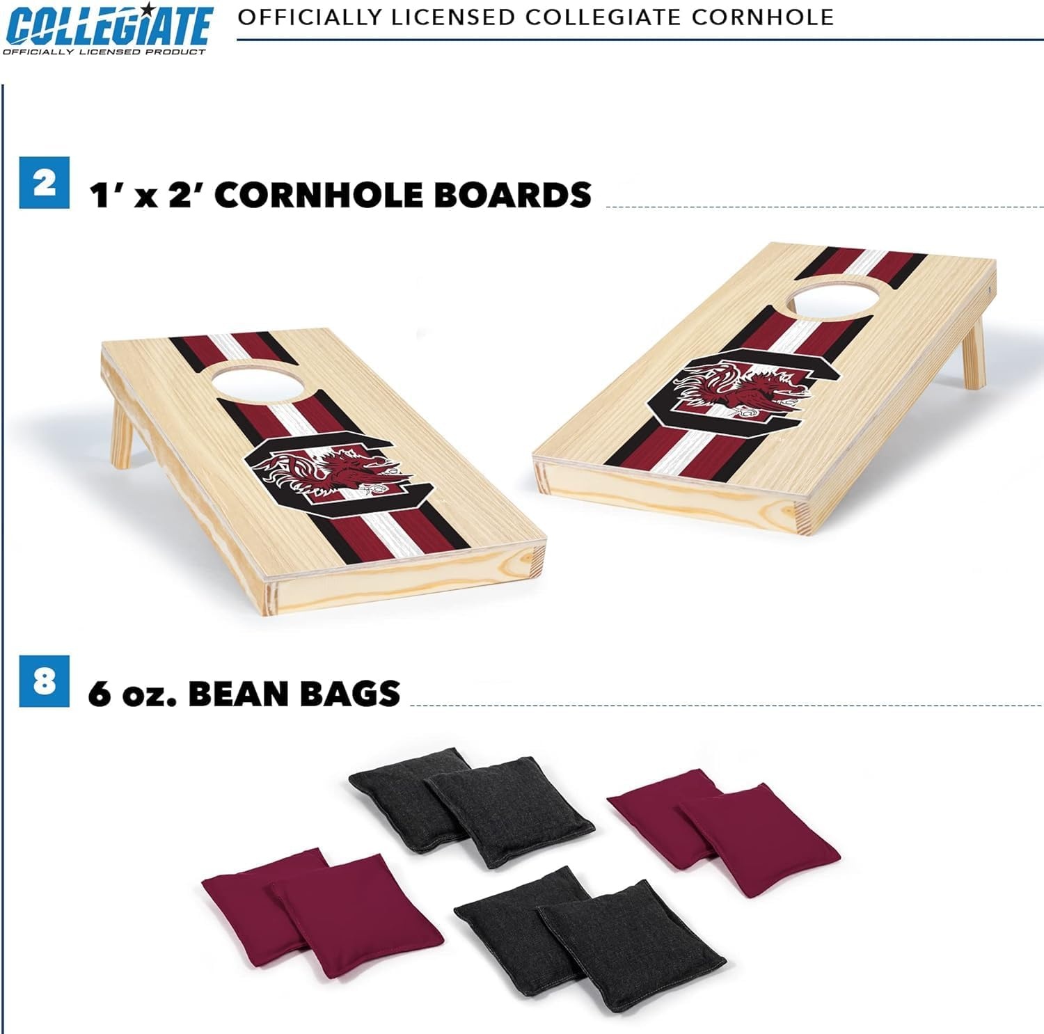 Wild Sports College Portable Size 1′ x 2′ Solid Wood Cornhole Set with Direct Print HD Team Graphics – Travel Size(South Carolina Fighting Gamecocks)