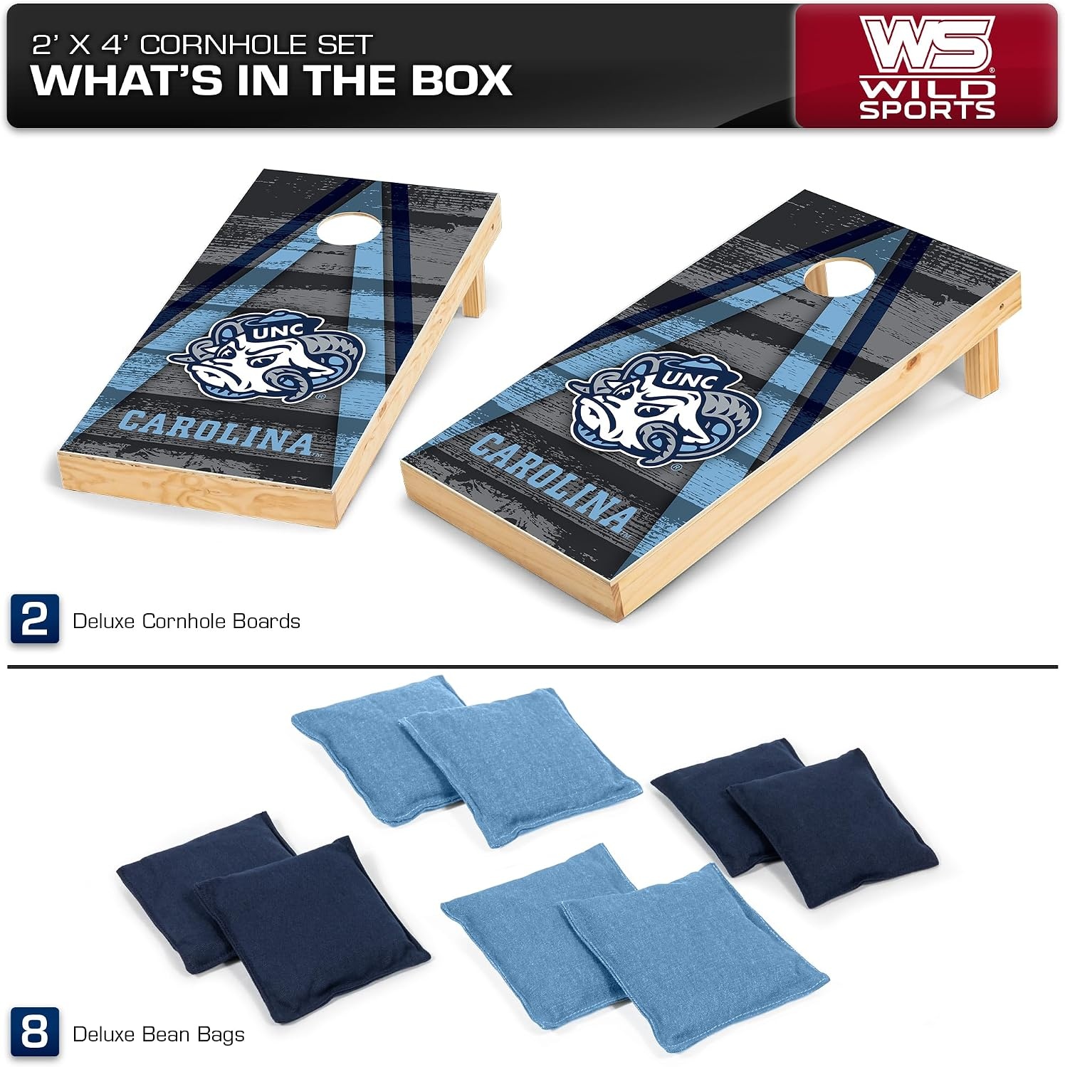 NCAA College 2′ x 4′ Wood Direct Print Tournament Cornhole Set by Wild Sports, 8 Bean Bags, Vintage Triange Design – Tailgate, Outdoor, Backyard(North Carolina Tar Heels)