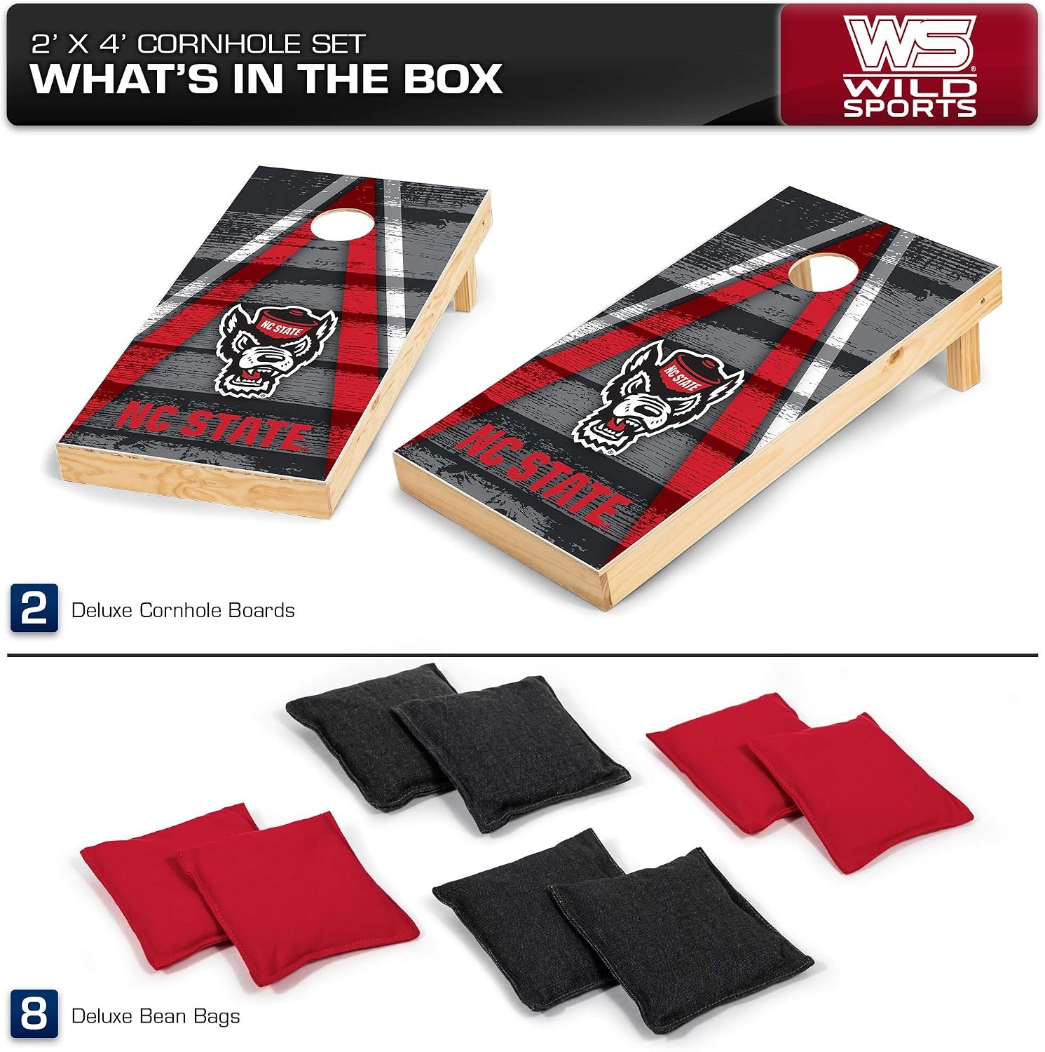 NCAA College 2′ x 4′ Wood Direct Print Tournament Cornhole Set by Wild Sports, 8 Bean Bags, Vintage Triange Design – Tailgate, Outdoor, Backyard(North Carolina State Wolfpack)